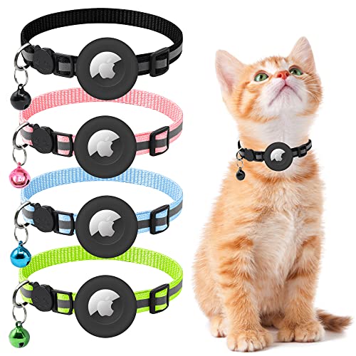 4PCS Airtag Cat Collar - Cat Airtag Collar with Silicone Airtag Holder and Bell - Adjustable Double Layer Nylon Breakaway Cat Collars - 0.2in Reflective Strip