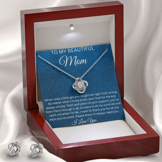 To My Beautiful Mom -  Love Knot Earrings and Necklace Set