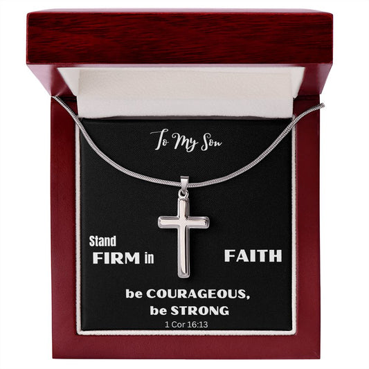 To My Son Stainless Cross Necklace Faith Courage Strength